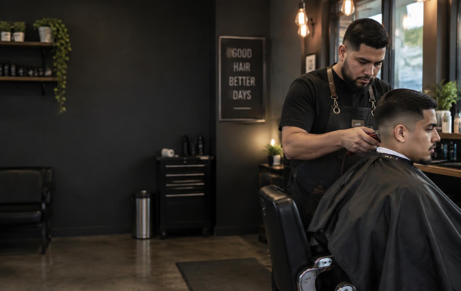 Barber performing a precision fade in a modern neighborhood shop